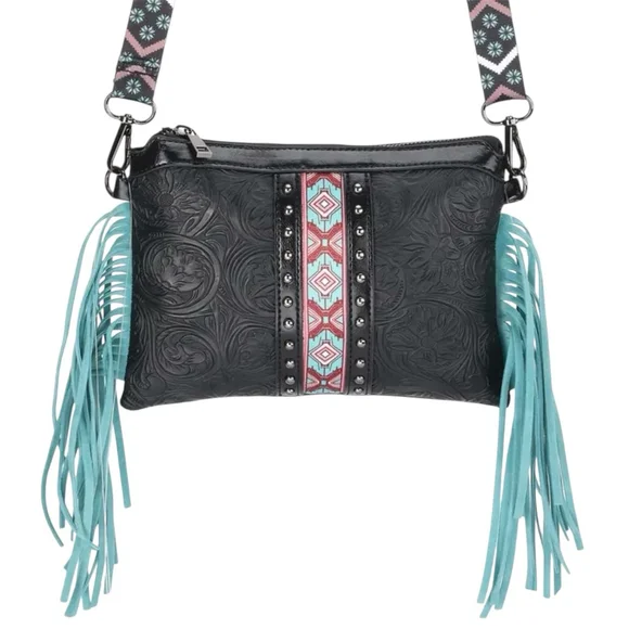 Black Crossbody with Fringe and Stud Detail Western - Picture 2 of 9